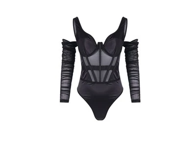 Llawes Hir Bodysuit Corset Du